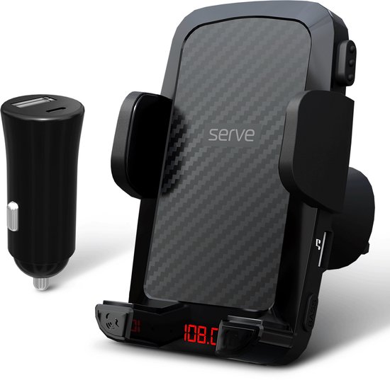 Serve FM Transmitter & Telefoonhouder Auto - Bluetooth Carkit voor Muziek - Telefoonhouders Auto Accessoires - Ventilatie Houder