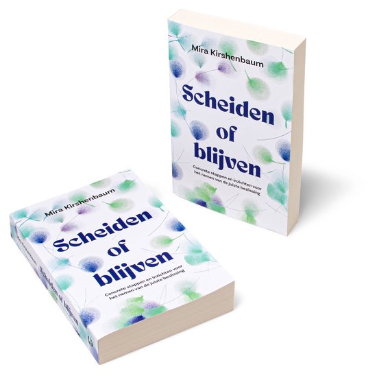 Twee boeken met de titel "Scheiden of blijven" op een witte achtergrond met blauwe, paarse en groene bladeren.