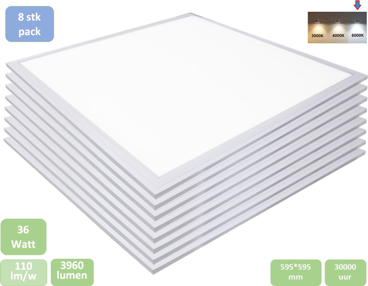 8pcs - LED paneel 60x60 cm - 36w 6000k (koud wit) - 3960lm