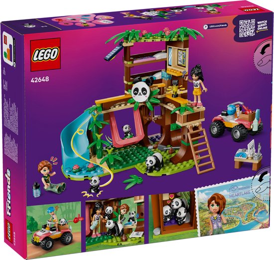 Achterkant van de LEGO Friends Pandaopvang doos met details van de set, minifiguren en panda's.