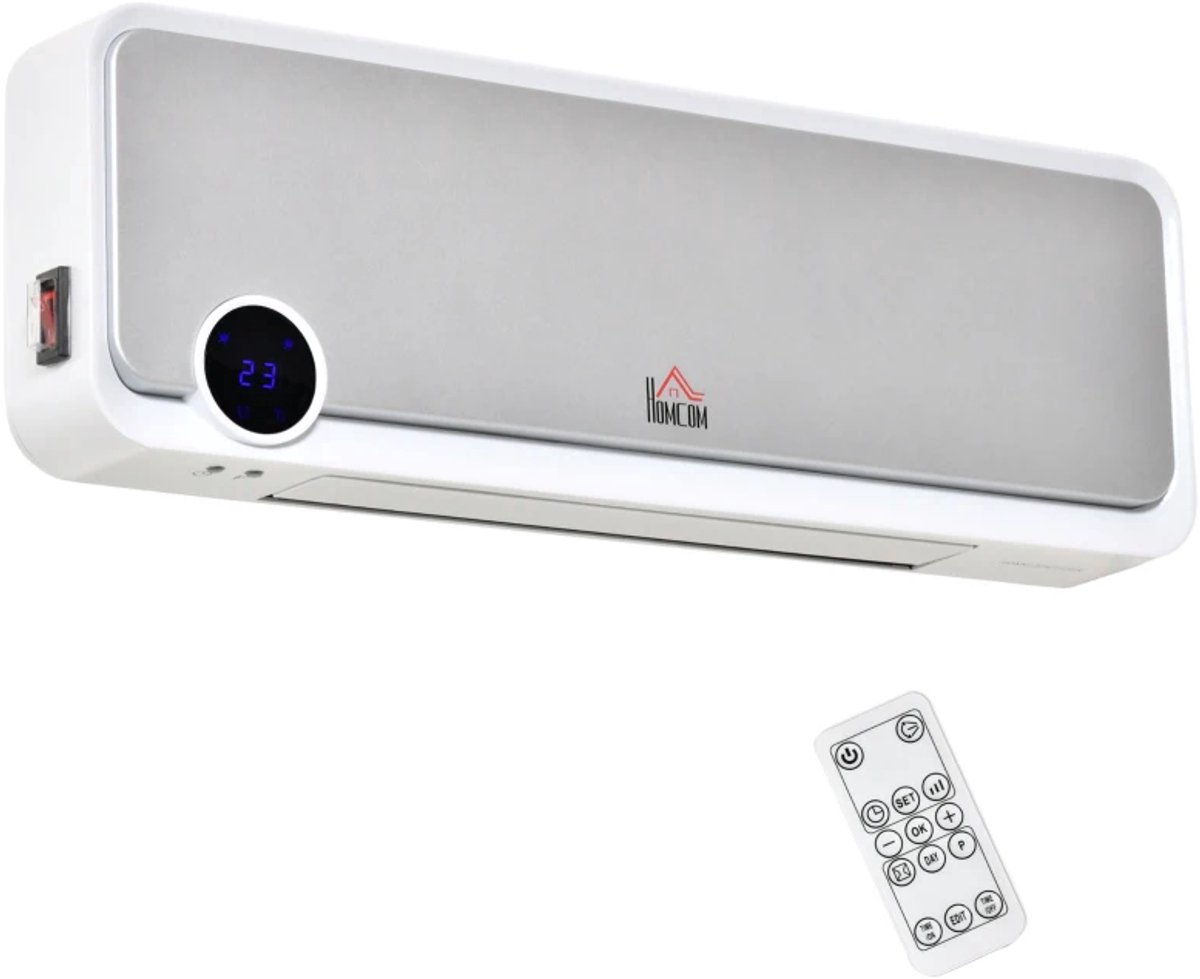 Elektrische Kachel - Wandmontage - 2000W - Wandventilatorkachel - met LED-display - met 3 Bedrijfsstanden - Verwarmt Ruimtes tot 25m² - met Afstandsbediening en Timer - Wit