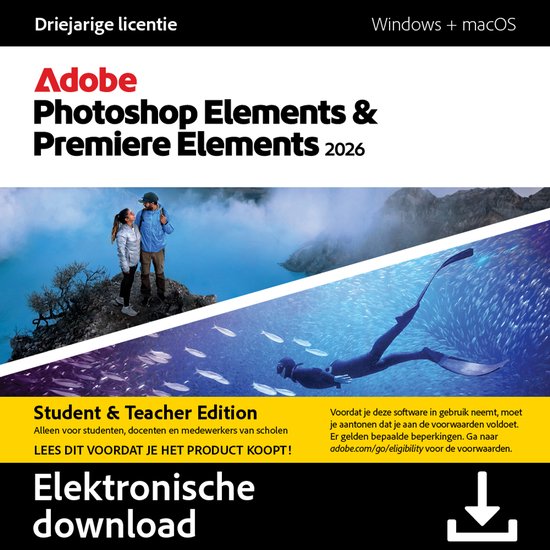 Adobe Photoshop & Premiere Elements 2026 - Foto's & Video's Bewerken - Student/Leraar - 3 Jaar Licentie - AI - Windows/Mac - Download