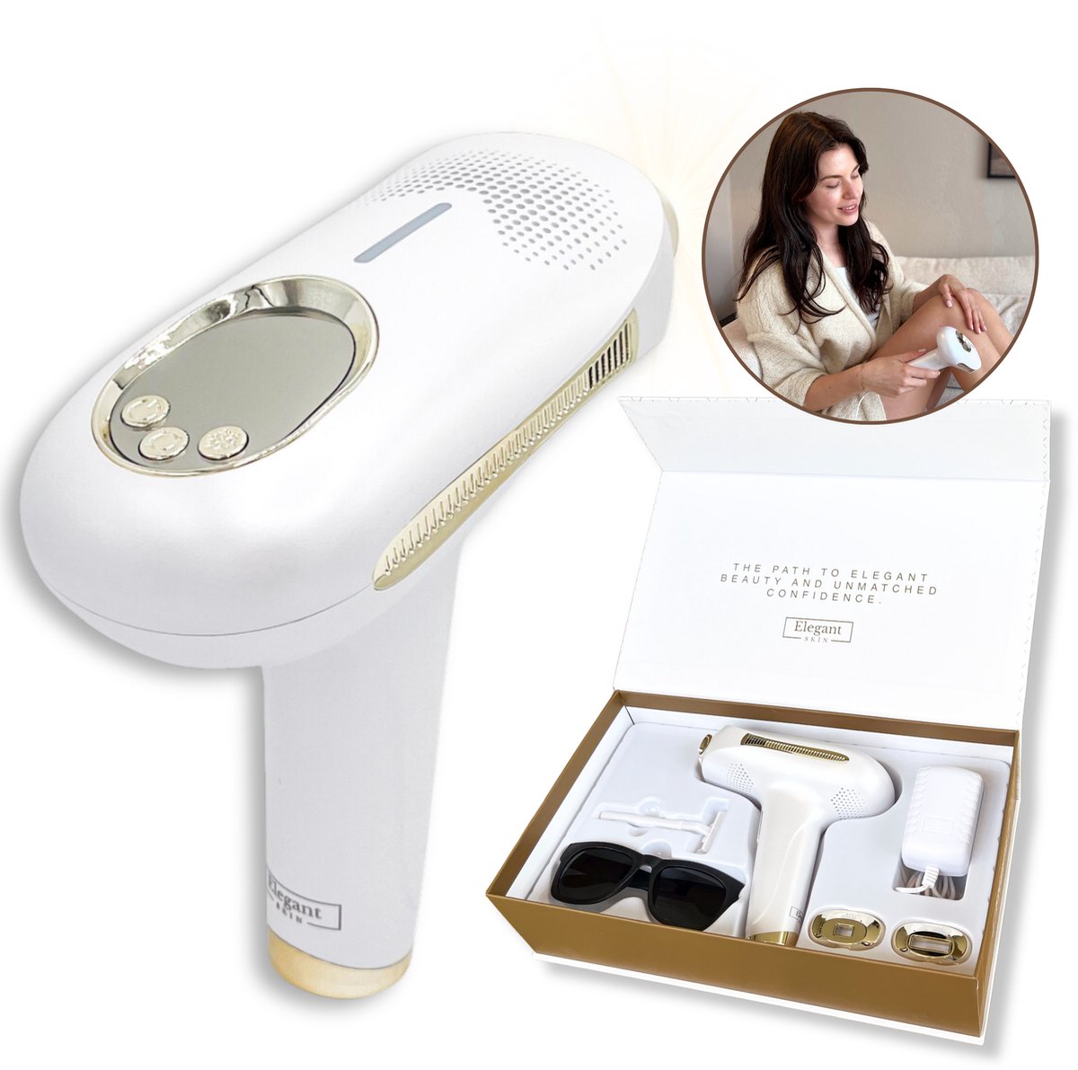 ElegantSkin IPL Elite - Laser Ontharingsapparaat - Voor Mannen en Vrouwen - 9 Verschillende Standen - IPL Ontharingsapparaten - Ontharen voor Thuis - Verschillende Opzetstukken - Ice-coolfunctie - Beschermbril – Scheermes - Langdurig Haarvrij