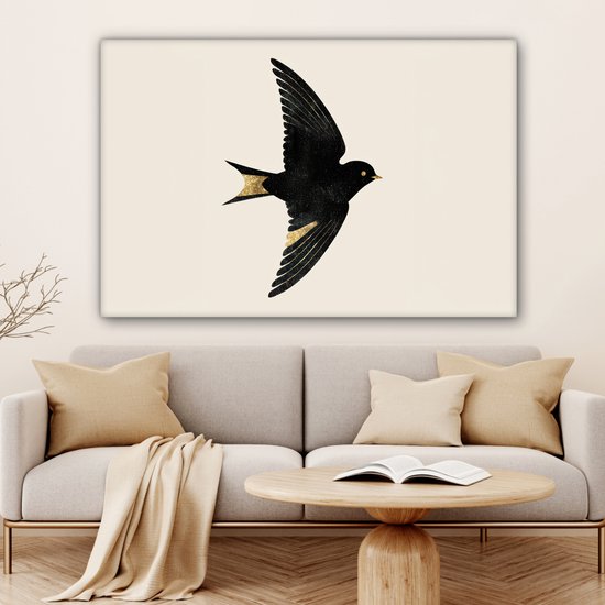 Canvas schilderij 120x80 cm - Wanddecoratie Zwarte zwaluw - Gouden accenten - Lichte achtergrond - Muurdecoratie woonkamer - Slaapkamer decoratie - Kamer accessoires - Schilderijen op canvas