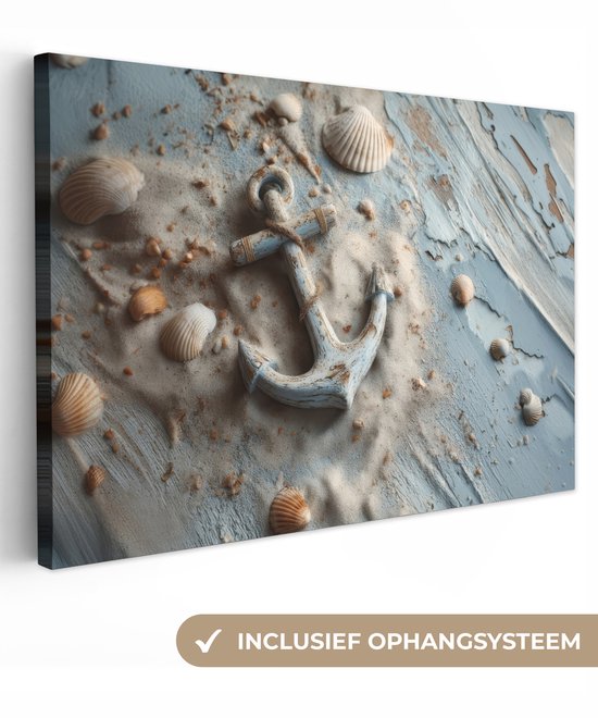 Tableau sur toile 120x80 cm - Décoration murale exclusive Anker - Bois - Coquillages - Sable - Décoration murale salon - Décoration chambre à coucher - Accessoires de chambre - Tableaux sur toile