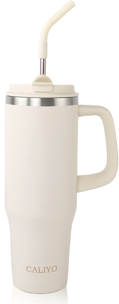 CALIYO Tumbler – RVS Thermosbeker – 1.2L – 9-11 Uur Koud - 40-48 Uur Met Ijs - Vaatwasmachinebestendig - Lekvrij – Met Rietje & Handvat – Travel Mug To Go Voor Koude Dranken - Crèmewit