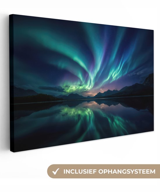 Canvas schilderij 30x20 cm - Wanddecoratie Noorderlicht - Kleurrijk - Bergmeer - Muurdecoratie woonkamer - Slaapkamer decoratie - Kamer accessoires - Schilderijen op canvas