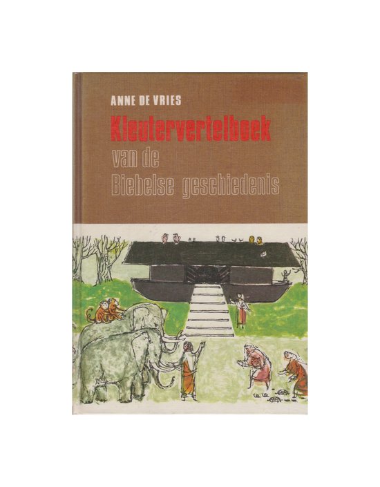 Boek 'Kleutertverelboek van de Bijbelse geschiedenis' met illustratie van olifanten en apen.