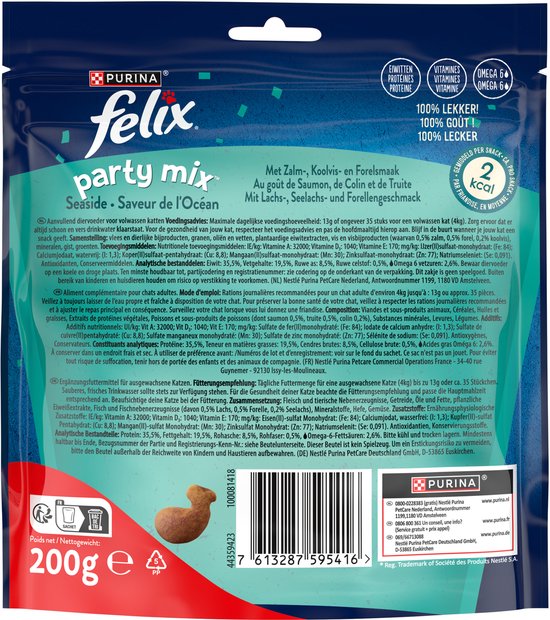Achterkant van Felix Party Mix Seaside Maxi Pack 200g met ingrediëntenlijst, voedingswaarden en informatie.