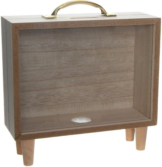 Tirelire décorative en bois avec fenêtre – Poignée et pieds – 19 x 18 x 7,5 cm – Fenêtre transparente – Pour argent, pièces et objectifs