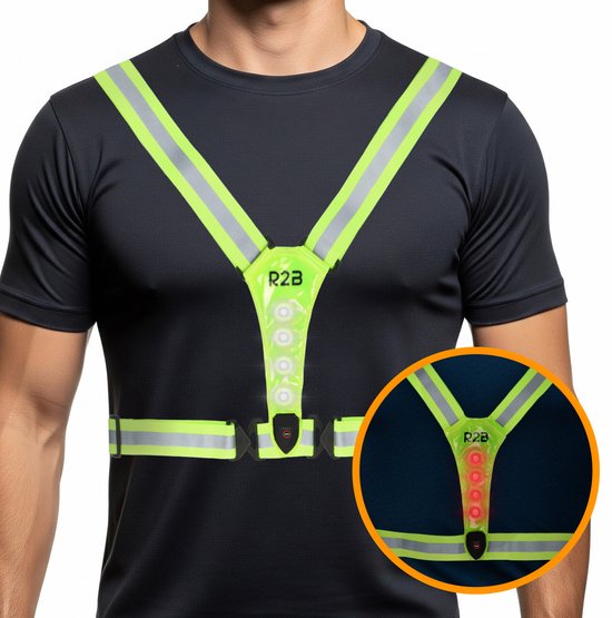 R2B Hardloopvest met Verlichting - Hardloopvest Oplaadbaar - USB-C kabel - Hardloop Verlichting aan Voor- en Achterkant - Reflecterend Running Vest - Hardloophesje - Neongeel