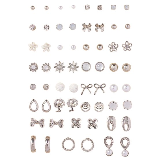Set de 30 paires de boucles d'oreilles argentées pour femme – Clips d'oreilles avec Fleurs, perles, Noeuds et motifs nature