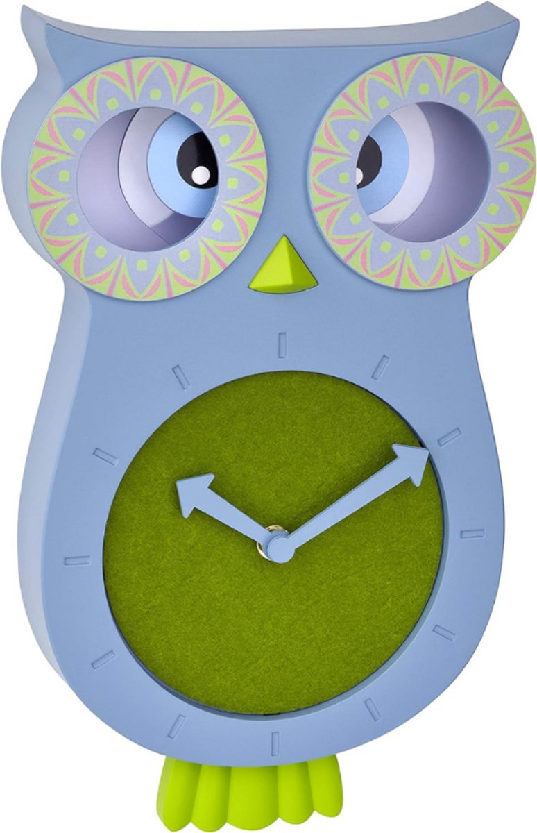 Kinder Wandklok Willy - Uilvormige Klok - Quartz Uurwerk - Blauw - Ideaal Voor Kinderkamer