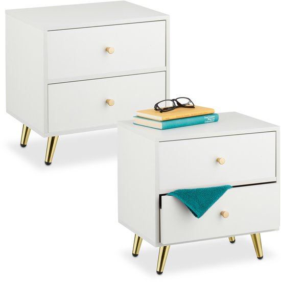 Nachtkastje met 2 lades - set van 2 - 41,5 x 40 x 32,5 cm - gouden poten - wit