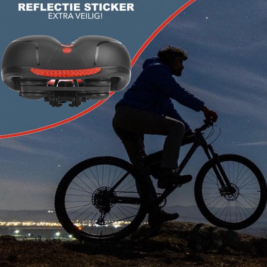 Zwart fietszadel met rode reflectiestrip op de achterkant, extra veilig.