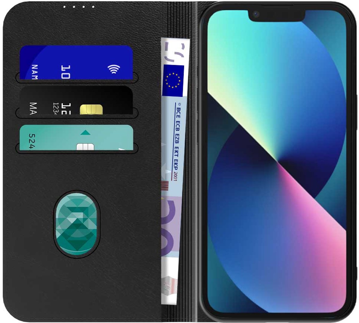 Geschikt voor iPhone 13 Mini Telefoonhoesje Zwart Kunstleer Met Magnetische Sluiting - Portemonnee BookCase Met Pasjeshouder - ProtX
