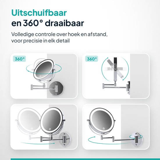 Demonstratie van de 360 graden draai- en uitschuifbare bewegingen van een Mirlux make-upspiegel.