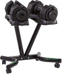 Zwarte Tunturi verstelbare dumbbells op een standaard met wieltjes.
