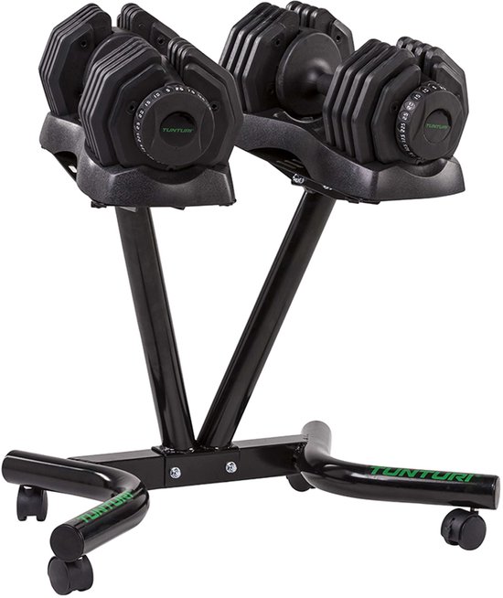 Zwarte Tunturi verstelbare dumbbells op een standaard met wieltjes.