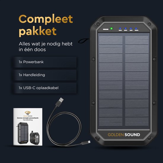 Zwarte powerbank met zonnepaneel, USB-C kabel en handleiding. Tekst "Compleet pakket".