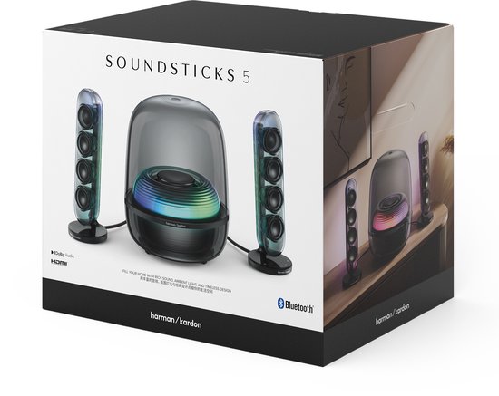 Harman Kardon SoundSticks 5 - 2.1 Design Speaker Set met Subwoofer - Bluetooth Luidsprekersysteem - Transparante Dome - Desktop & Home Audio - Zwart