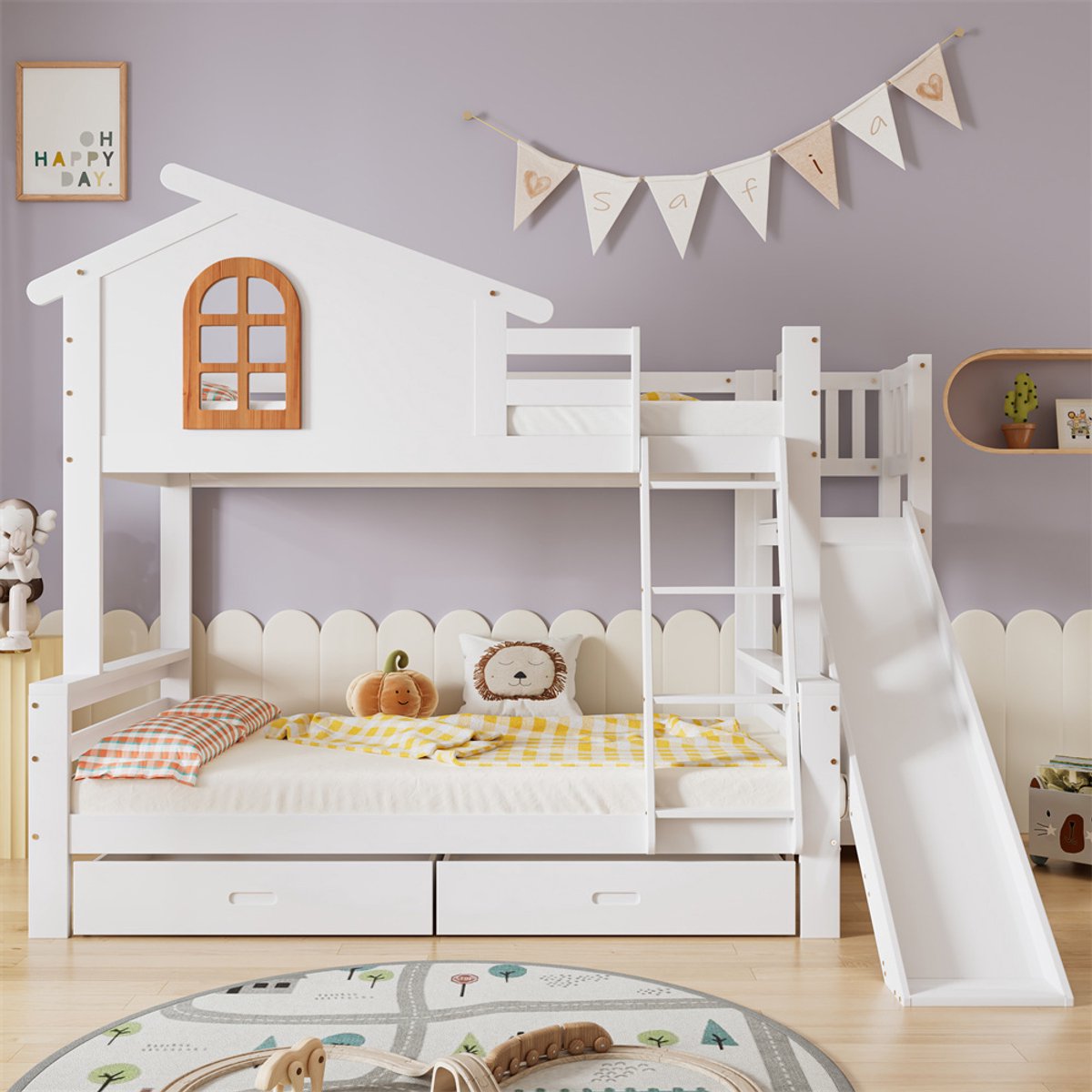 YEHTOKHOME Stapelbed met Glijbaan - Twee laden - Kinderstapelbed 90x200cm en 120x200cm - 4-staps ladder - Karakteristieke ramen - Massief houten bedframe - Wit