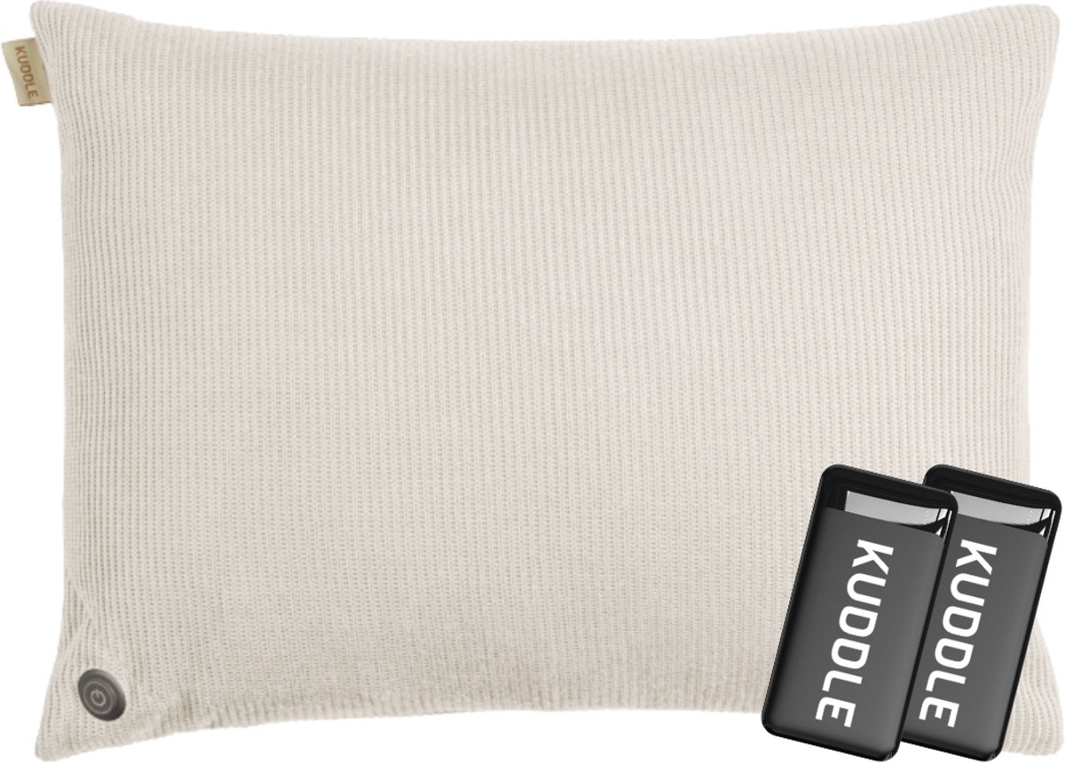 Kuddle Warmtekussen Oplaadbaar - Gebreid 'Off white' 45x60cm - Draadloos & Elektrisch - Inclusief 2 Powerbanks