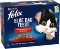 Felix Elfe Dag Feest Countryside Selectie in gelei, 12 x 85g kattenvoer, met een kat die uit de doos kijkt.
