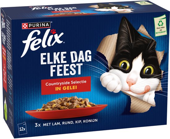 Felix Elfe Dag Feest Countryside Selectie in gelei, 12 x 85g kattenvoer, met een kat die uit de doos kijkt.