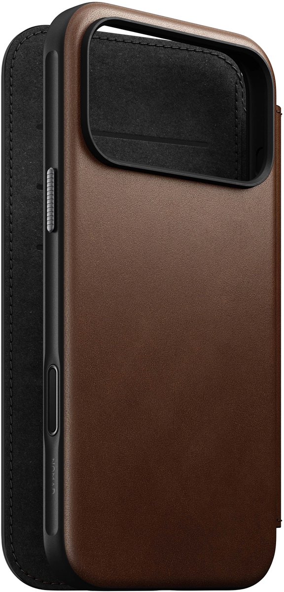 Nomad Modern Lederen Folio iPhone 17 Pro Max – Knoppen van Gerecycled Aluminium – Camera Bedieningsknop – Gemaakt van 50% Gerecycled Polycarbonaat en Authentiek Leer - Bruin