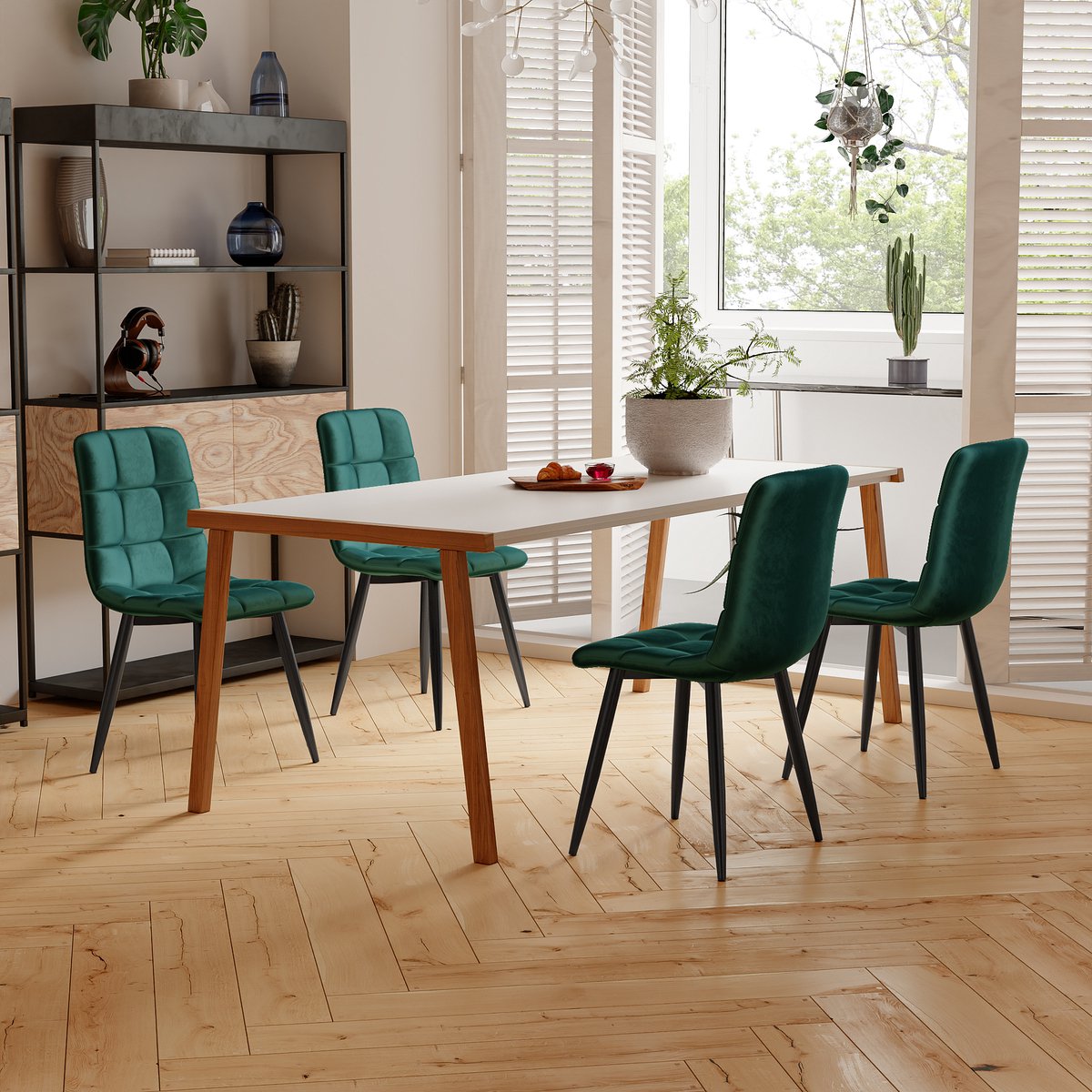 Eetkamerstoelen set van 4, donkergroen, keukenstoel met fluwelen bekleding, woonkamerstoel met rugleuning, gestoffeerde stoel met metalen poten, ergonomische stoel voor eettafel – foto 5