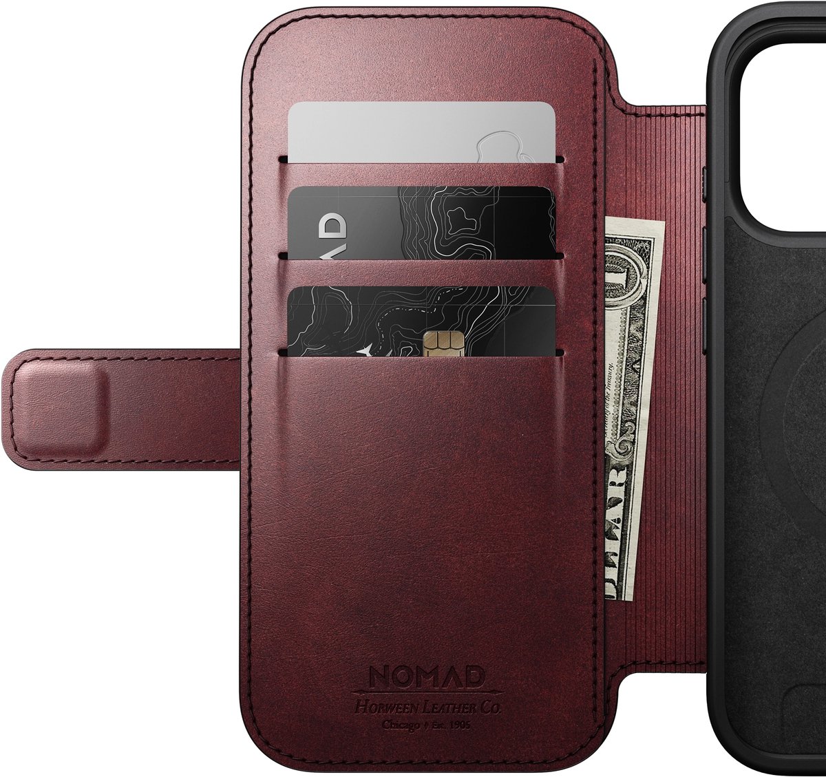 Nomad Horween Lederen Folio iPhone 17 Pro – Gerecyclede Aluminium Knoppen – Camera Bedieningsknop – Hoogwaardig Horween Leer - Bruin