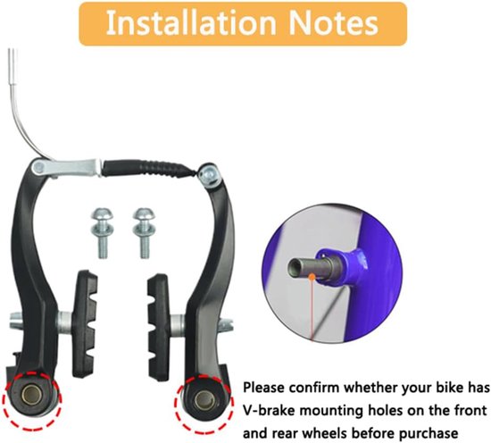 Zwarte V-brake remmen, montagebouten, remblokken en installatiedetails voor fiets.