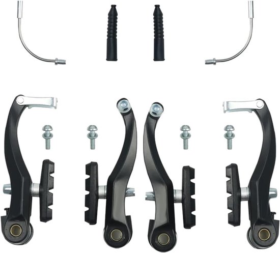 Set van drie zwarte V-brakes met remblokken en montagebouten.