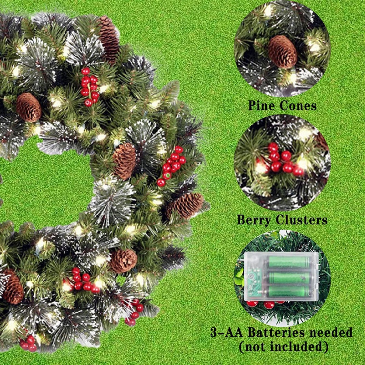 Kerstkrans - 40 cm - Voordeurdecoratie met LED-verlichting - Kerstbal - Feestdecoratie - Geschikt voor ramen, open haarden, kerstversiering - Groen – foto 4