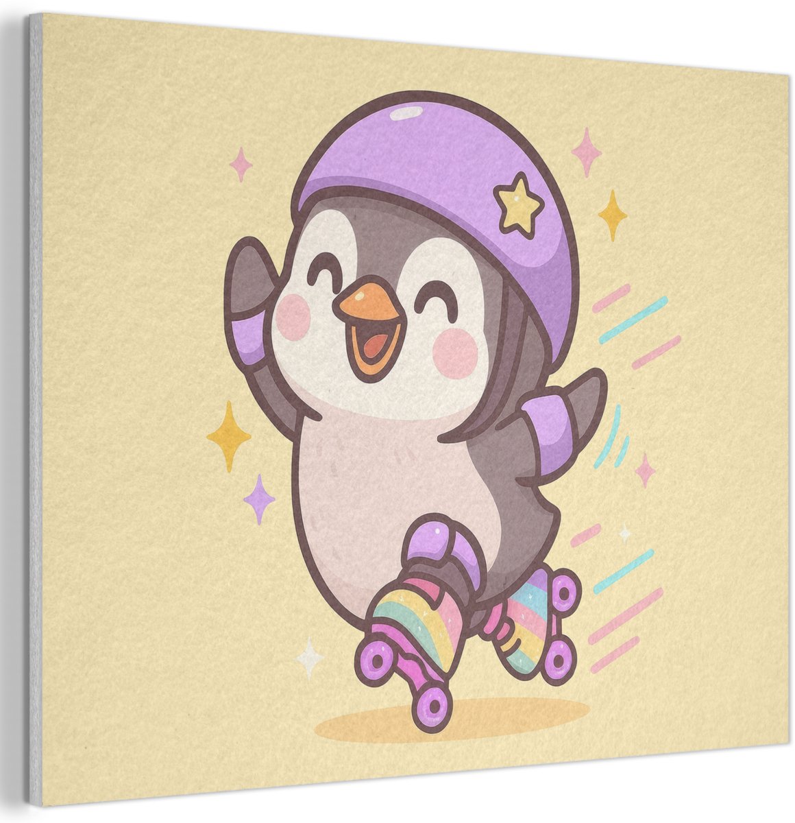 Akoestisch wandpaneel 70x50 cm - Vilt schilderij Pinguïn - Rolschaatsen - Geel - Energiek - Akoestische panelen - Geluidsdempende wanddecoratie - Geluidsisolatie woonkamer - Muurdecoratie geluidspanelen