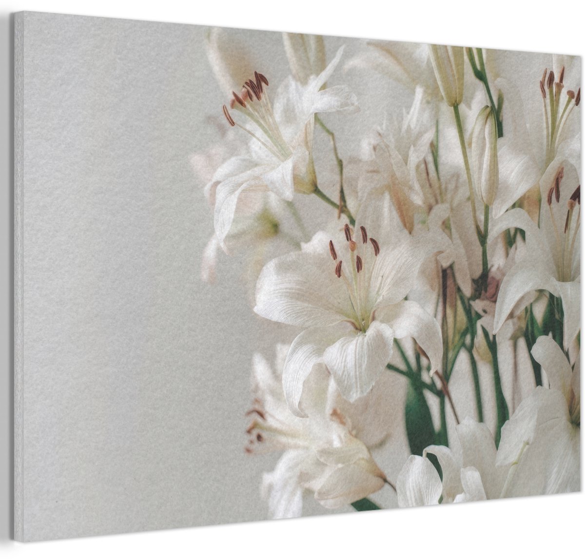 Akoestisch wandpaneel 60x40 cm - Vilt schilderij Lelies - Boekte - Wit - Meeldraden - Akoestische panelen - Geluidsdempende wanddecoratie - Geluidsisolatie woonkamer - Muurdecoratie geluidspanelen
