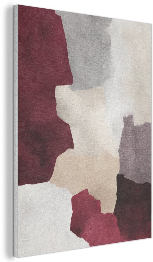 Abstract schilderij met rood, beige en grijze vlakken, op een witte achtergrond.