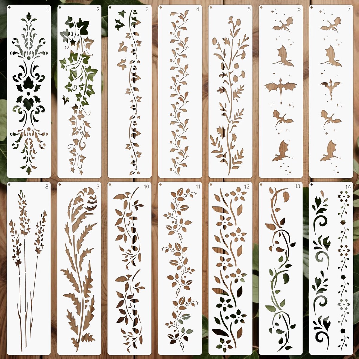 14 Plantensjablonen - Herbruikbaar 30 x 6,2 cm - Voor Schilderen, Hout en Decoratie