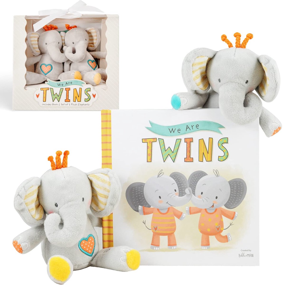 We Are Twins - Baby en Peuter Cadeauset - Inclusief Verhalenboek en 2 Pluche Olifantenrammelaars