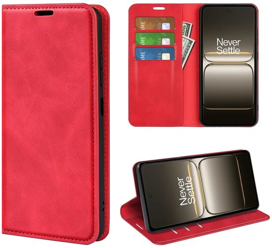 Rood portemonneehoesje, met telefoon en kaarten, en in staande modus, allemaal bij elkaar getoond.