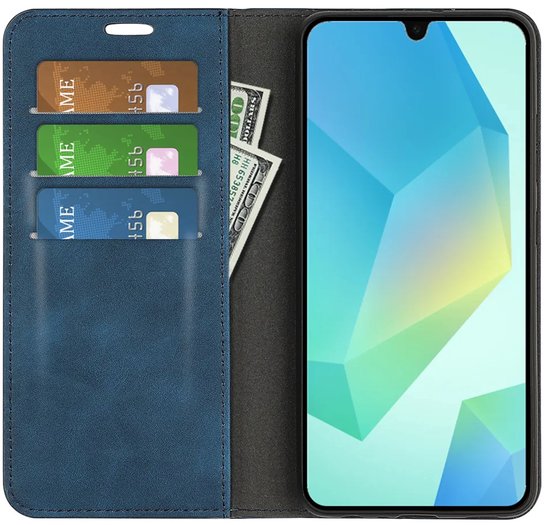 Blauw telefoonhoesje geopend met 3 kaartsleuven en dollarbiljet.