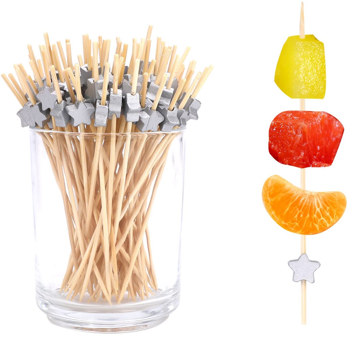 200 Stuks Bamboe Cocktailsticks - Handgemaakt met Zilveren Ster - 12 cm
