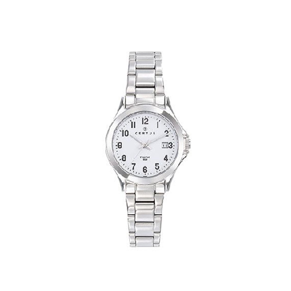 Certus-dameshorloge-model 641401 -zilverkleurig-datum-duidelijke wijzerplaat-diameter 28 mm-5 atm waterdicht-made in France