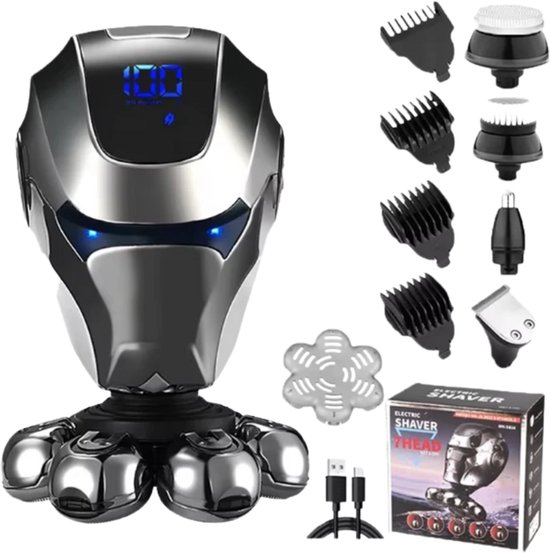 Nuvado Skull Shaver 6D – Elektrisch Scheerapparaat voor Mannen – 5-in-1 Draadloos & Waterdicht – Hoofdscheerapparaat, Baardtrimmer & Grooming Set met LED Display - Nuvado - €39,95