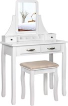 Kaptafel met Grote Spiegel en Bijhorende Kruk - Witte Make-up Toilettafel met 2 Grote Schuiflades - 137,5 cm hoog, 80 cm breed; 40 cm diep - Wit