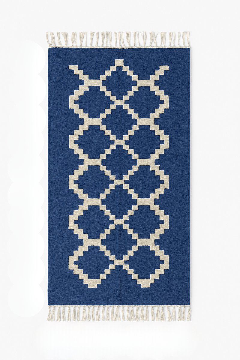 Kelima Handgemaakt Wollen Vloerkleed - 70x140 cm - 100% Natuurlijk - Senon Blauw diamantmotief