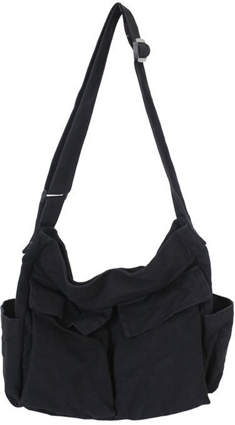 Sac messager en lin grande capacité – Sac messager en toile Vintage – Sac bandoulière avec plusieurs poches pour homme et femme – Pour le travail, École, les courses, le quotidien – Zwart