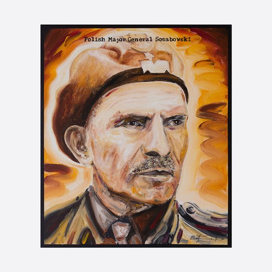 Schilderij van Generaal-Majoor Sosabowski met baret, een close-up portret met warme oranje achtergrond.