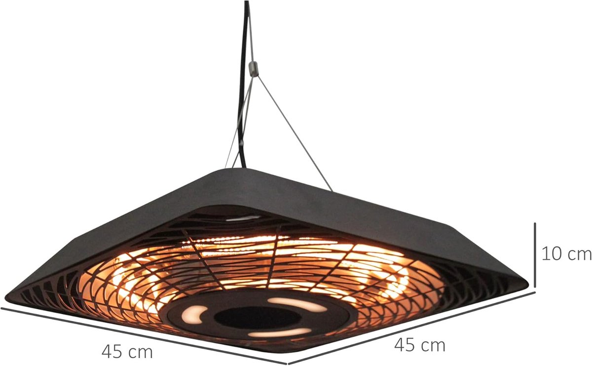 Ganeey Premium Plafond Terrasverwarmer 800W / 1200W / 2000W – 5 Standen – IP45 Waterdicht – Elektrische Infrarood Verwarming met Afstandsbediening & LED Licht – Binnen & Buiten – Aluminium Design – 45x45x10 cm – Zwart